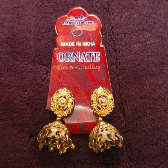 Hand Crafted Jewelry - 🔴 🆓️ FREE* Indian Handmade Jhimki Gold-Toned Dangly Earrings w/ Rhinestones 🔴